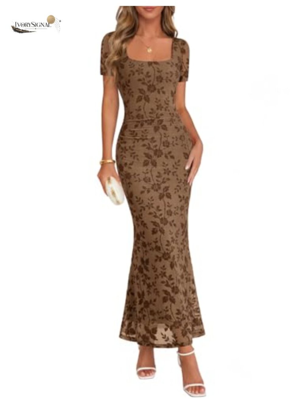 Floral Square Neck Sheer Sleeve Bodycon Maxi Dress Wedding Guest Cocktail